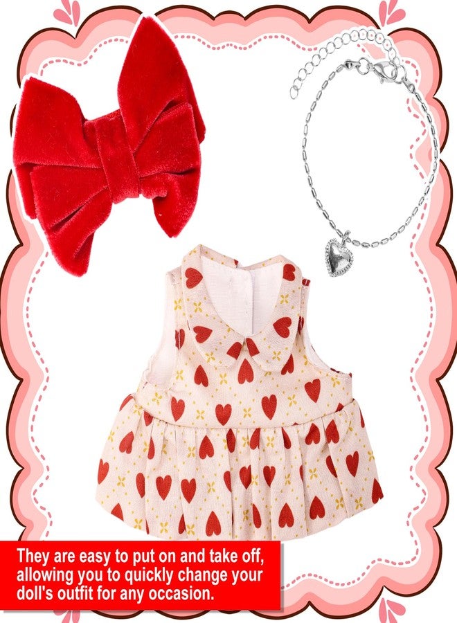 Sinbana 3pcs 17cm Doll Dress Set, Cute Style Sleeveless Dress with Red Velvet Rosette Clips and Silver Heart Shape Necklace Retro Style Outfits and Accessories for Collectors(No Doll Included) - Image 5